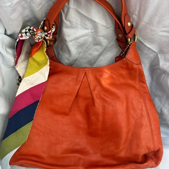 Coach Orange red Leather Shoulder Bag with Scarf Accent - Picture 6 of 10